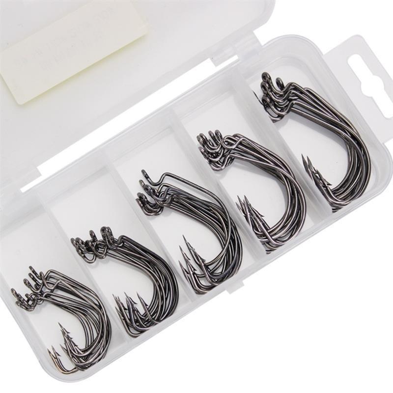 50pcs/lot Fishing Hook Carbon Steel Wide Gap Crank Offset Fishhook For Soft Lure Bass Barbed Carp Fishing Tackle Worm Hook