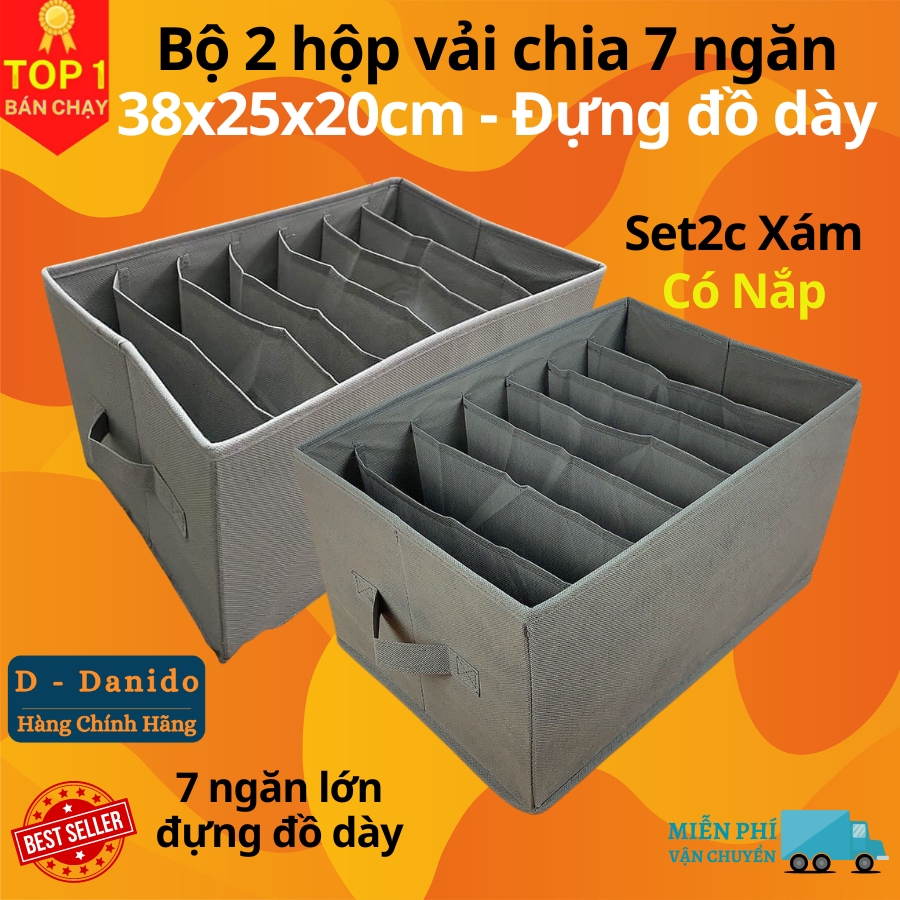 Bộ 2 hộp vải đựng đồ 7 ngăn mã HQ2 - Combo 2 hộp vải đựng quần áo chia ngăn gọn gàng tiện lợi chất vải Oxford cao cấp miDoctor