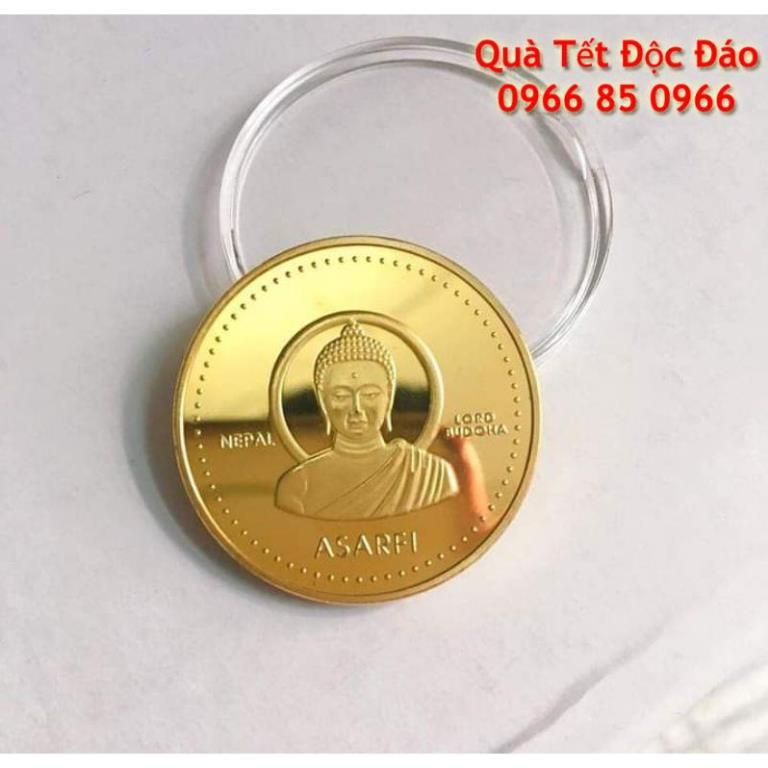 Đồng Xu Đức Phật Thích Ca Nepal May Mắy Tặng kèm túi gấm đỏ long phụng