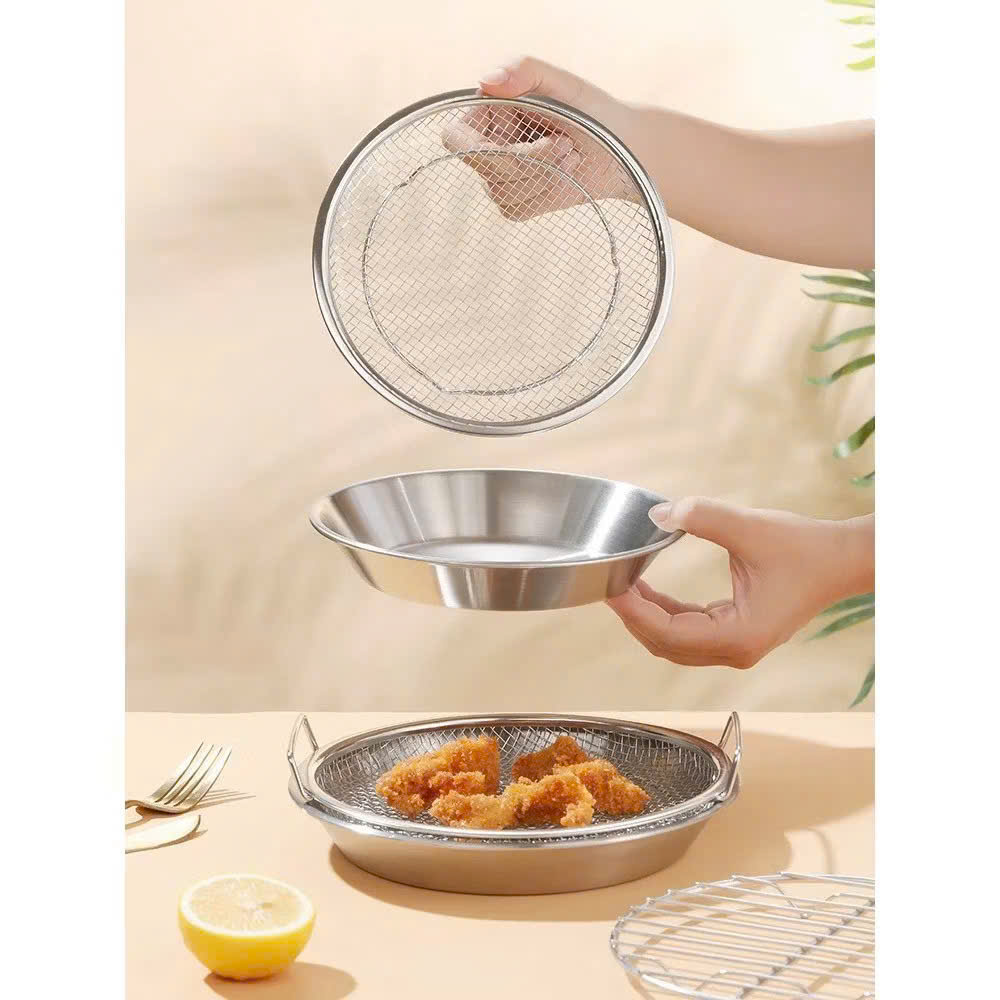 Set Khay Kèm Đĩa, Vỉ Lưới Lọc Dầu Chất Liệu INOX 304 Cao Cấp, Đựng Ráo Dầu Thức Ăn Chiên Rán Lọc Dầu 20cm - 25cm - HÀNG CHÍNH HÃNG MINIIN