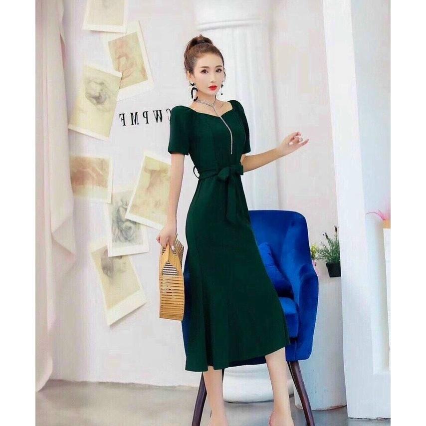 Đầm Xanh Thiết Kế Tay Con, Xòe Nhẹ Nhàng, Có Thắt Eo Thanh Lịch
