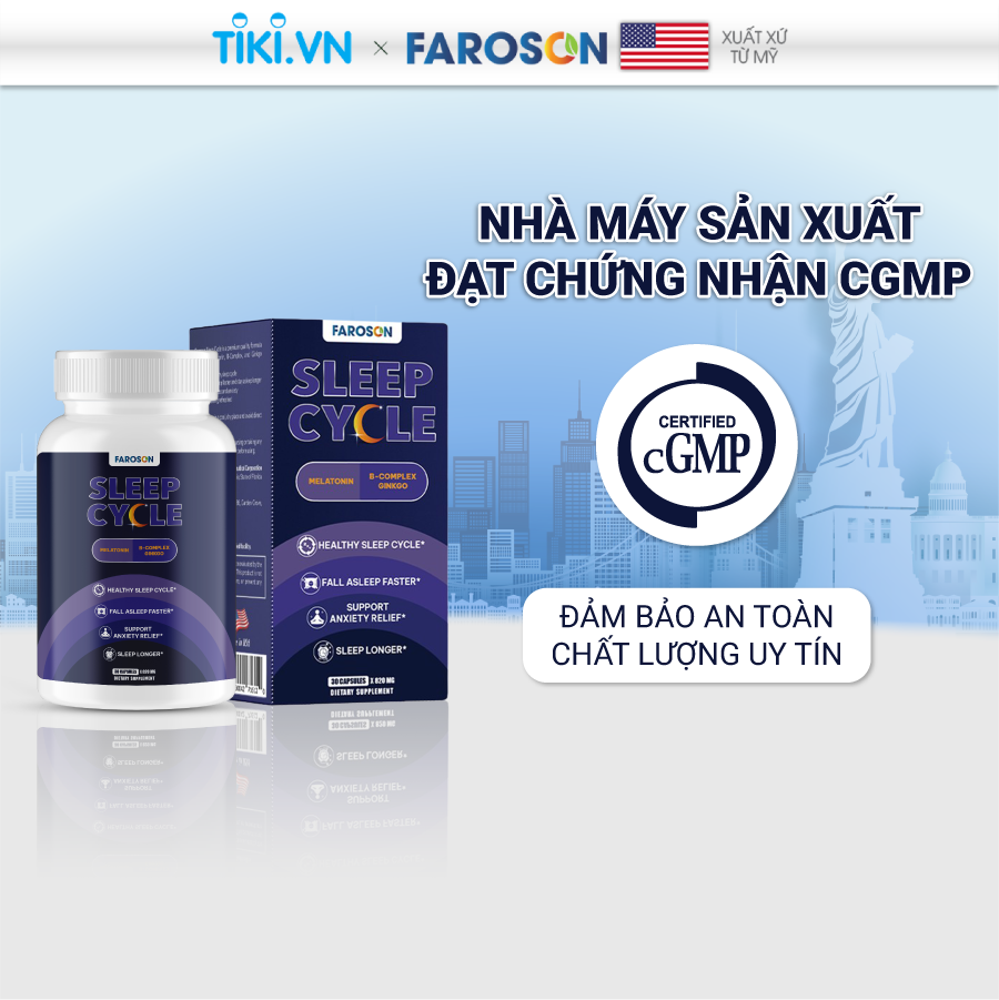 Viên uống bổ não Melatonin Vitamin B ngủ ngon giảm stress Faroson Sleep Cycle hộp 30 viên