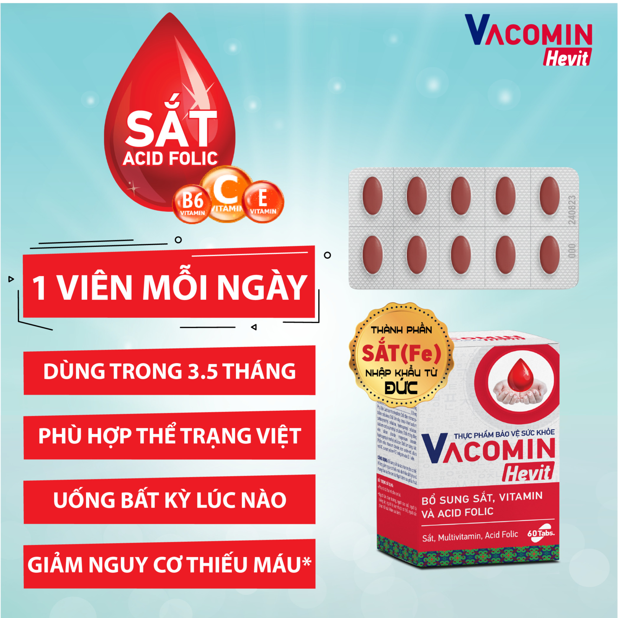 Viên Uống Bổ Sung Sắt (Fe) Cho Người Có Nguy Cơ Thiếu Máu | Kết Hợp Acid Folic, Vitamin C, E, B6 - TPCN Shinpoong Vacomin Hevit Hộp 60 Viên