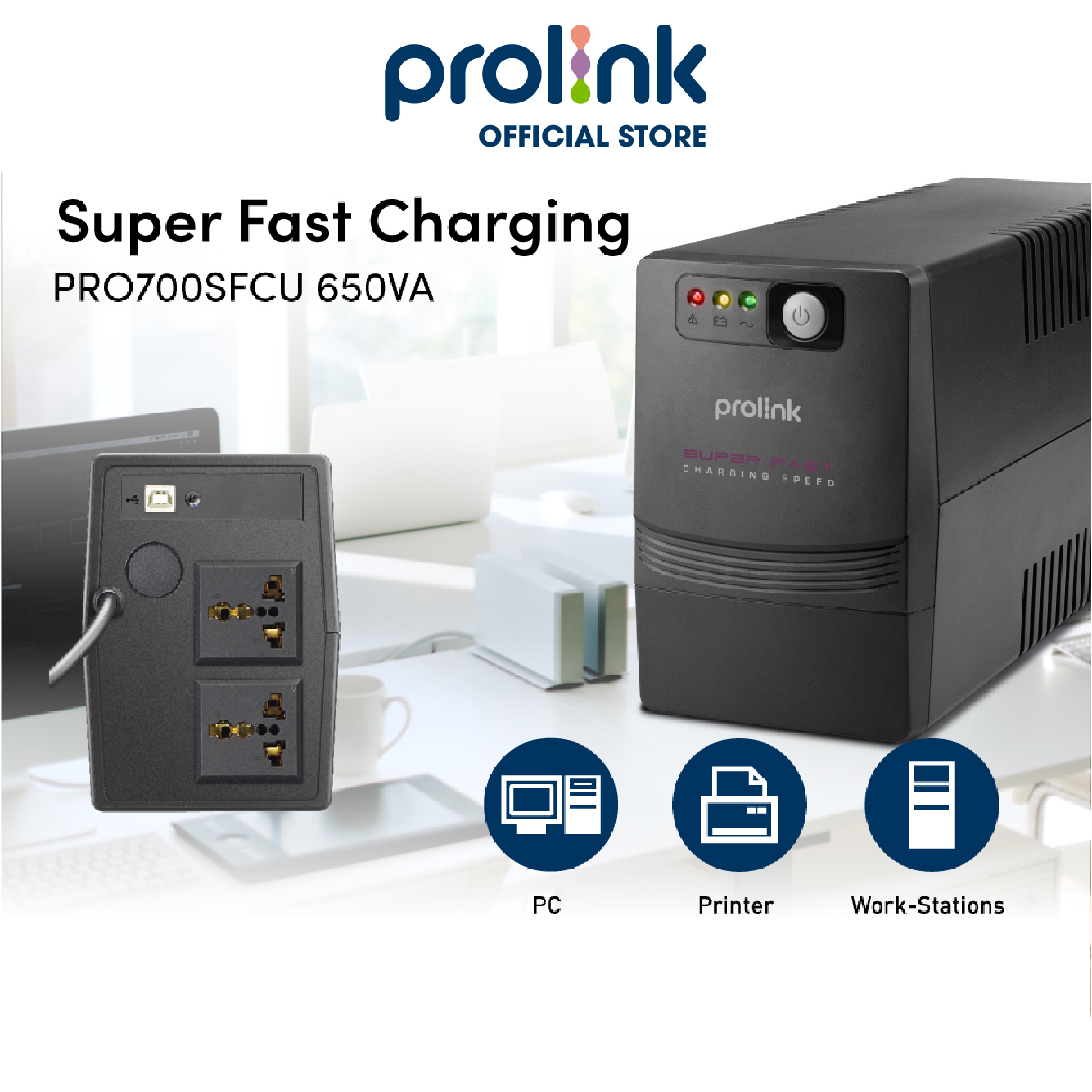 Bộ nguồn cấp điện liên tục UPS PROLINK 650VA (PRO700SFC) Công suất 360W, công nghệ Line Interactive tích hợp bộ AVR, sạc siêu nhanh - Hàng chính hãng