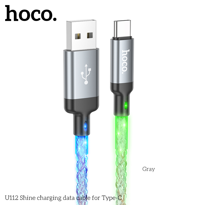 Cáp Sạc Nhanh Dành Cho Hoco U112 Shine 3A Đèn Led Đổi Màu Cổng Type C Dây Dài 1M Hàng Chính Hãng