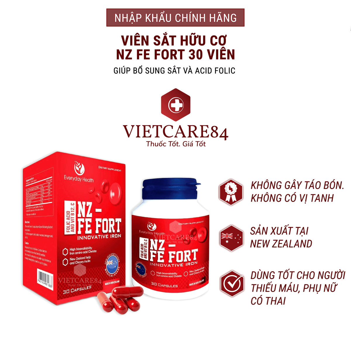 Viên uống bổ sung sắt hữu cơ nhập khẩu chính hãng New Zealand NZ FE FORT  giúp bổ sung sắt và acid folic hỗ trợ giảm nguy cơ thiếu máu do thiếu sắt, cải thiện hoa mắt chóng mặt do thiếu sắt