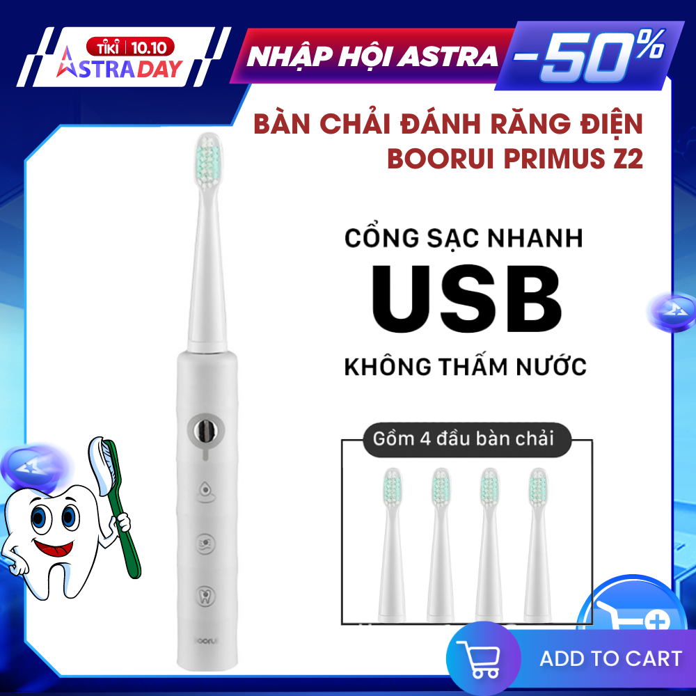 Bàn Chải Điện BOORUI Primus Z2 (TB-018) 3 Chế Độ , Bàn Chải Đánh Răng  Tặng Kèm 3 Đầu Bản Chải - Hàng Chính Hãng , Chống Nước IPX7 , Sạc nhanh USB