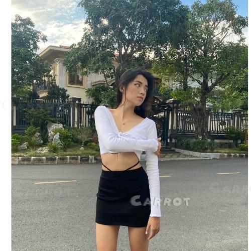 SET ÁO CỘT NƠ TAY DÀI CHÂN VÁY HỞ LƯNG CỘT DÂY NGẮN FREESIZE THỜI TRANG NỮ carrotxinhdep