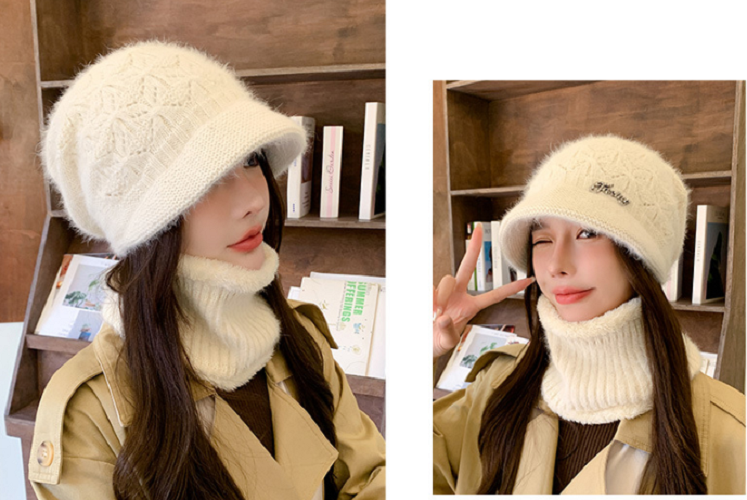 Mũ len lưỡi trai nữ kèm khăn lót nỉ cao cấp mới, sét nón len phong cách Hàn thời trang