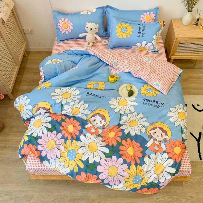 Bộ Chăn Ga Gối Hoa Cúc Cô Bé Cotton Poly
