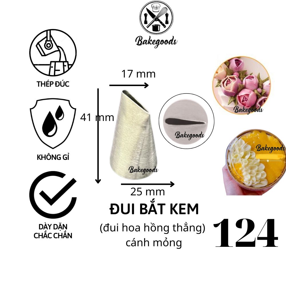 Đui bắt kem 124 cánh mỏng , Đuôi bắt cánh hoa hồng thẳng trang trí bánh bằng thép không gỉ đúc liền khối dày dặn