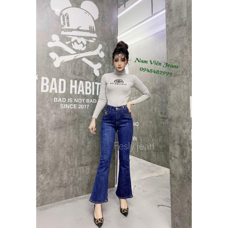 Quần Jeans Nữ Ống Loe Thêu Cạp Lưng Cao