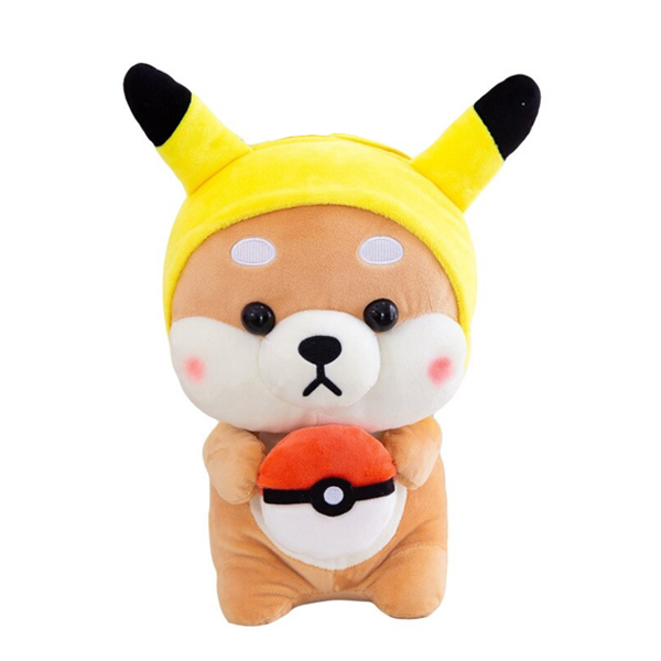 Gấu Bông Shiba Đội Nón Pikachu Siêu Dễ Thương 25cm - Tặng Kèm Móc Khóa Siêu Anh Hùng Thần Sấm