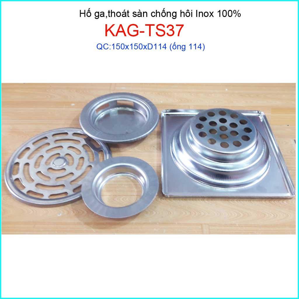 Phễu thoát sàn Inox KAG-TS37 chống hôi 15x15cm, hố ga thoát sàn cho ống 114mm giá tốt chất lượng tốt