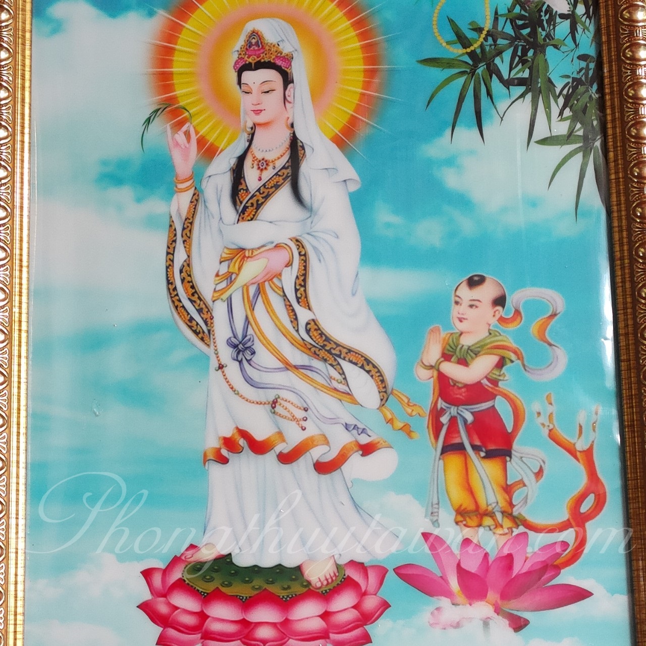 Bài vị Mẹ Quan Âm và Đồng Tử viền vàng 33cm*43cm (tặng kèm bột ngũ vị bao sái)