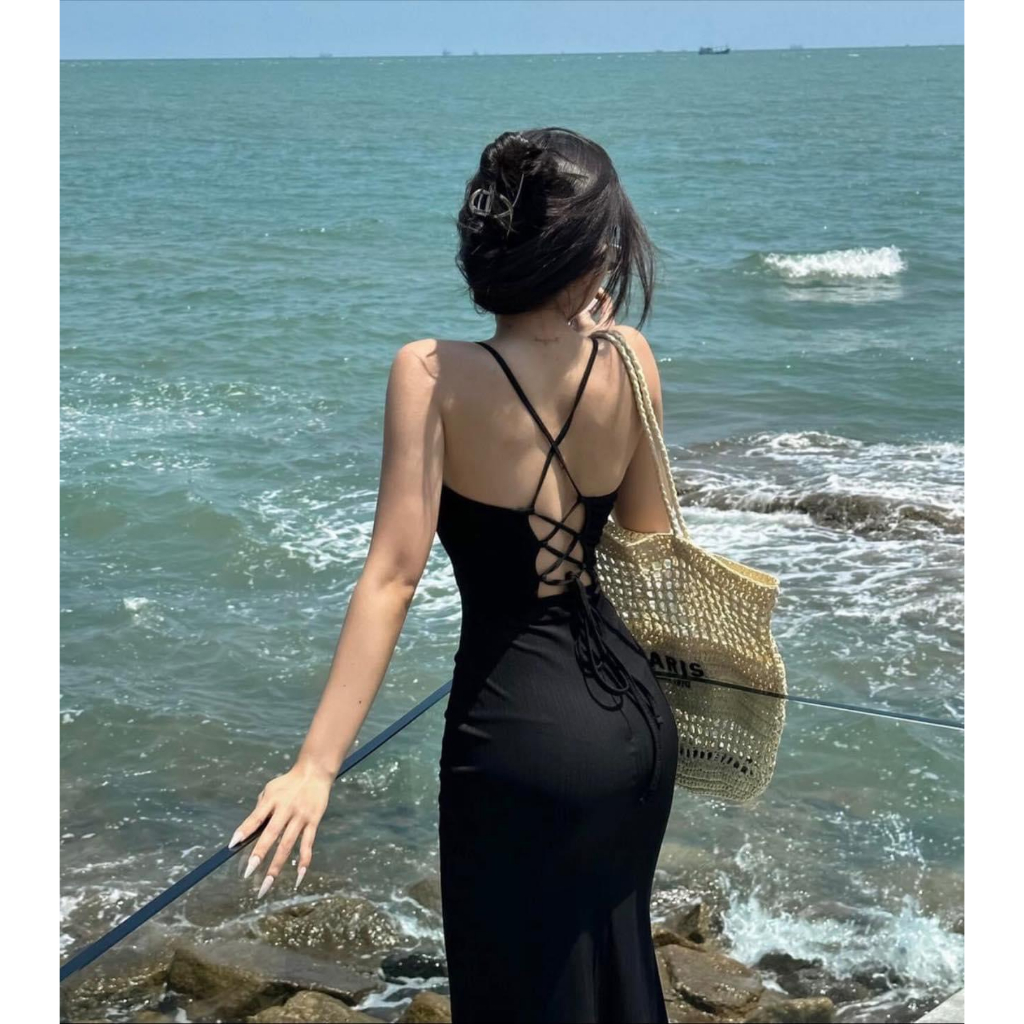 Đầm 2 dây body maxi đi biển hở lưng, váy nữ đuôi cá đan lưng