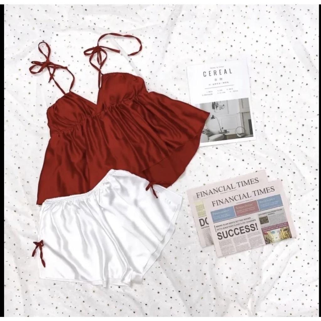 Đồ Ngủ Sexy hai dây, set ngủ sexy chất liệu lụa latin mềm mịn, mát kèm quần gợi cảm Freesize dưới 55kg