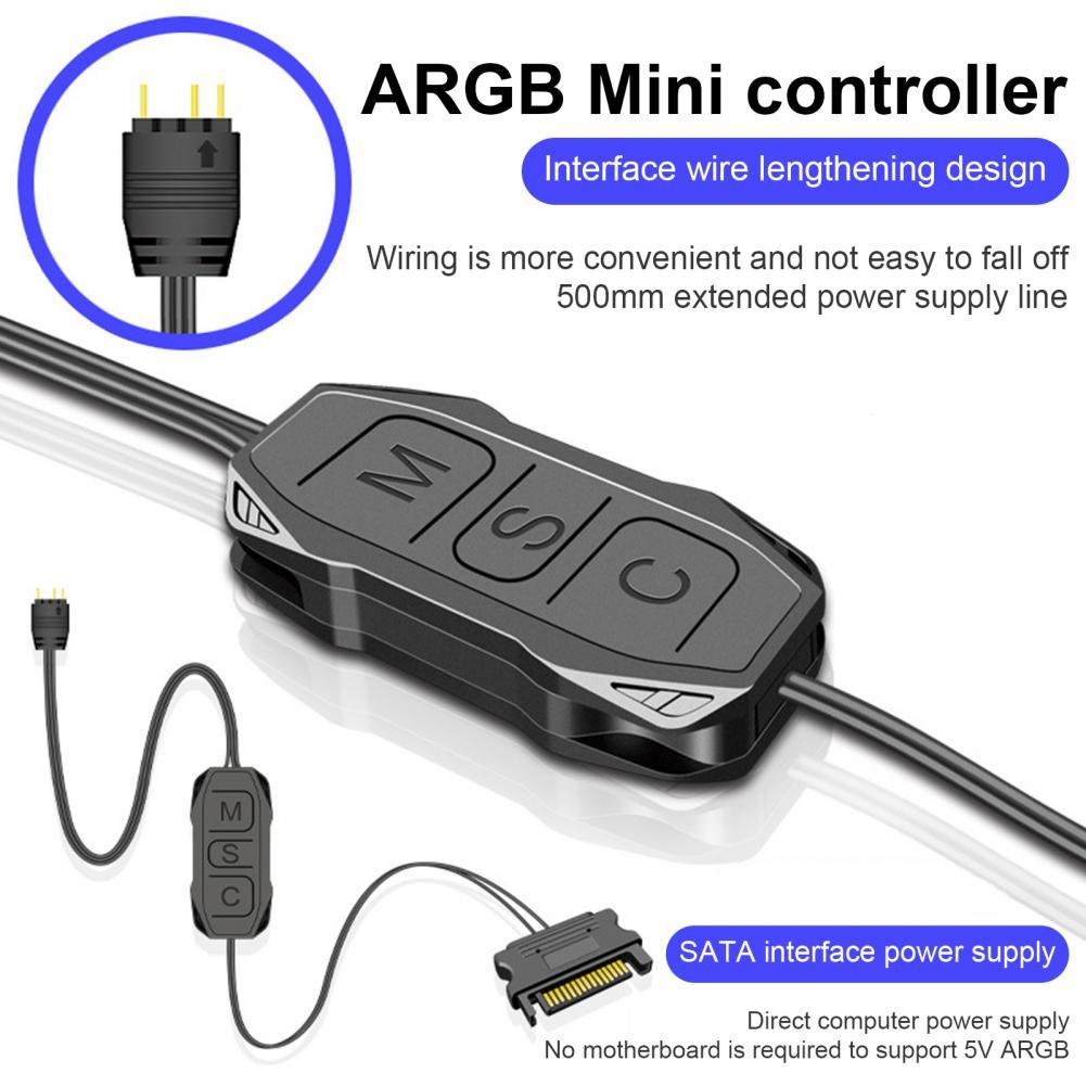 ARGB Controller Lengthen Cable Wide Compatibility 3 Pin to SATA Pin Power Supply Case Fan Black Mini RGB Controller