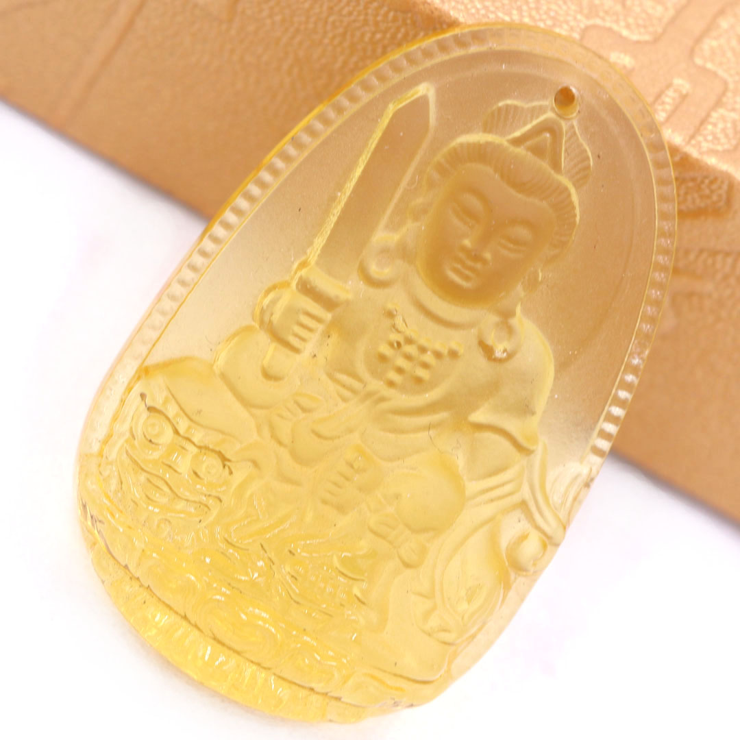 Mặt Phật Văn thù thuỷ tinh vàng 3.6 cm kèm móc và vòng cổ dây cao su đen, Mặt Phật bản mệnh