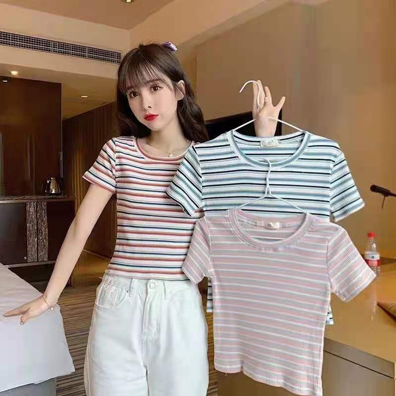 Áo Phông Nữ Kẻ Cộc Tay Cổ Tròn G0176