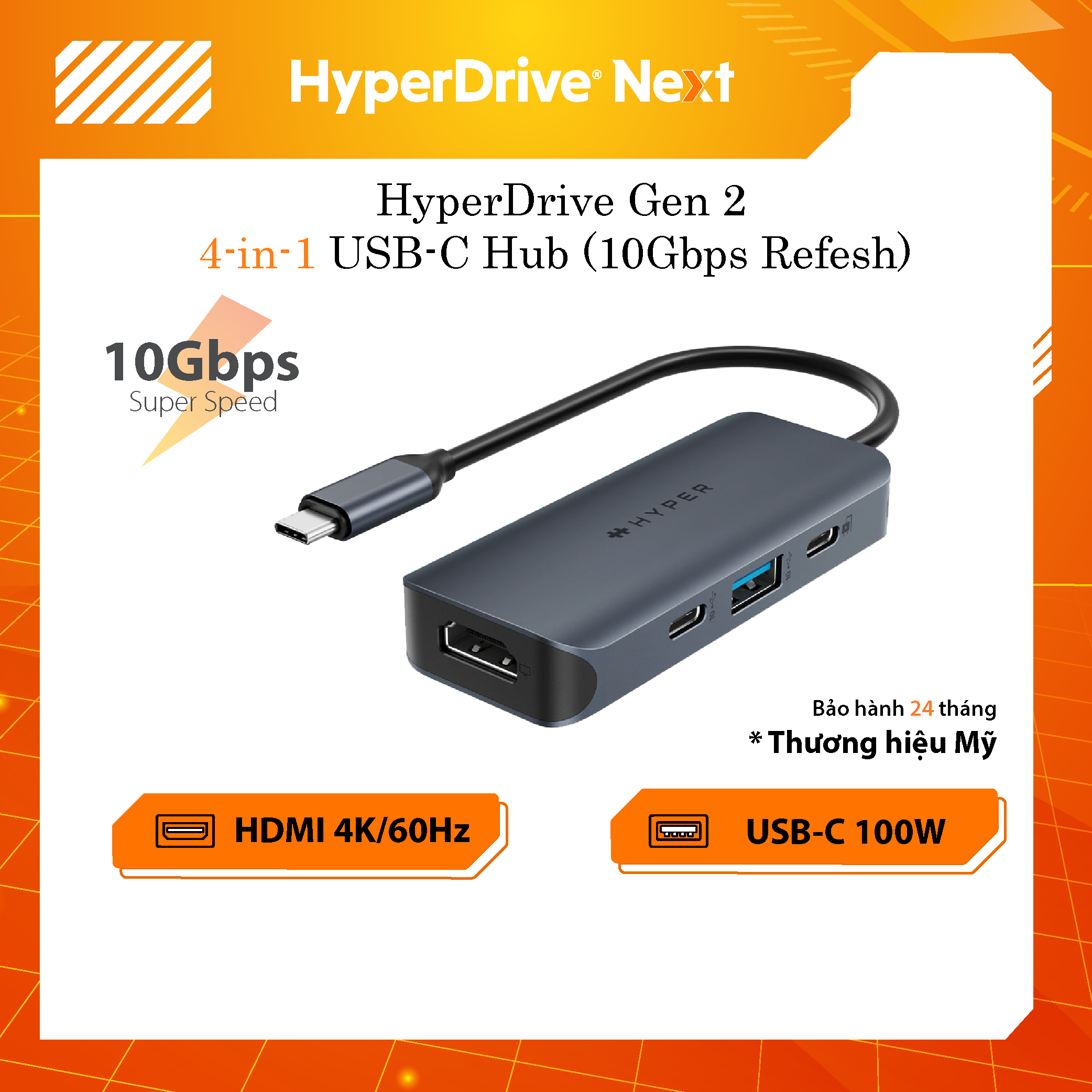 HUB chuyển đổi HyperDrive Next 4 in 1 Port USB-C cho Macbook/ Laptop - Truyền tải dữ liệu nhanh HD4001GL