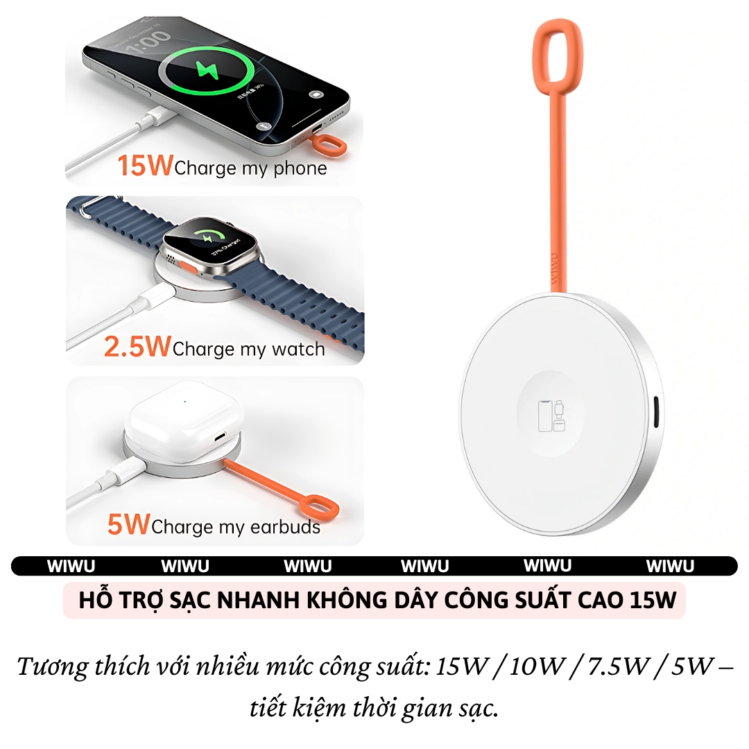Đế Sạc không dây từ tính nam châm N52 sạc nhanh 15W hiệu WIWU Wi-W037 3in1 magnetic cho điện thoại cho iPhone tai nghe cho Airpods / cho Apple Watch cổng USB-C/L - Chip AI an toàn sạc, sạc cho iPhone 16 15 14 13 12 Pro Max Plus - Hàng nhập khẩu