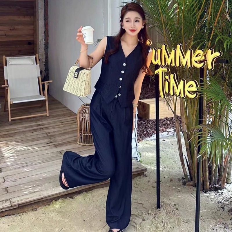 Set áo gile vạt nhọn và quần dài ống suông cực kì  hách dáng, tôn eo, màu xanh than cực kì sáng da Bv10