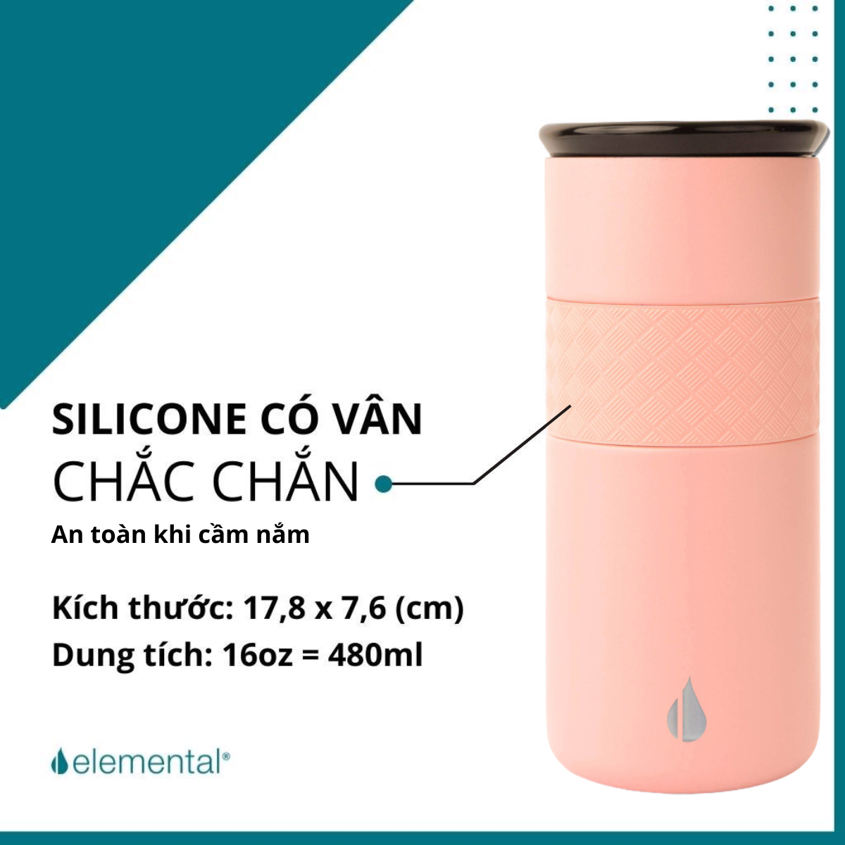 LY GIỮ NHIỆT ELEMENTAL MÀU HỒNG , ĐẠT CHUẨN FDA HOA KỲ, THÉP 304 KHÔNG GỈ, GIỮ NÓNG LẠNH