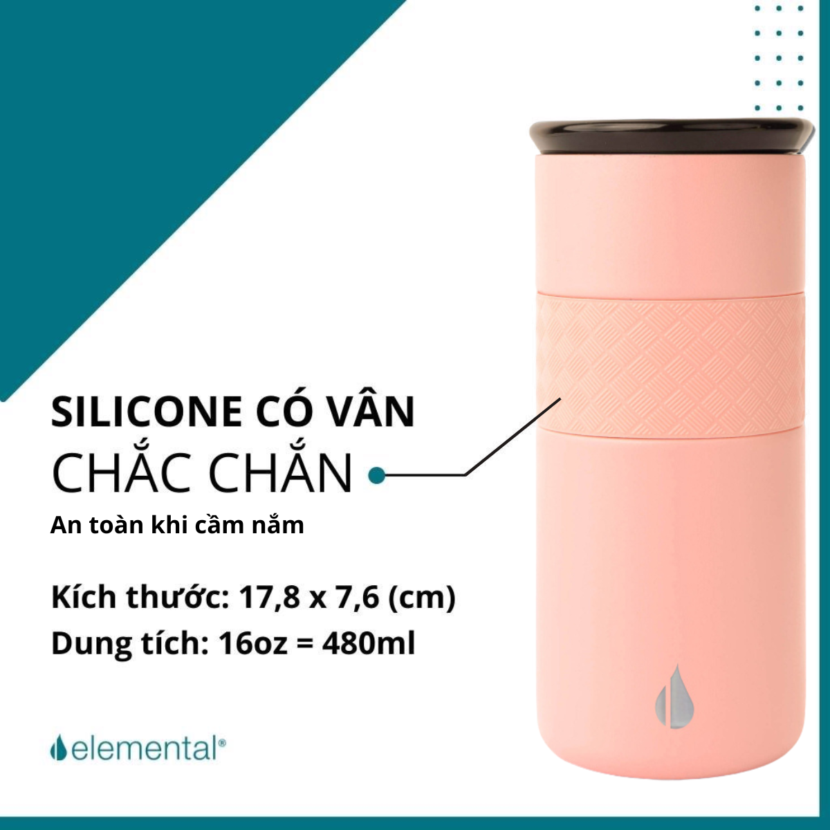 LY GIỮ NHIỆT ELEMENTAL MÀU HỒNG (480ML), ĐẠT CHUẨN FDA HOA KỲ, THÉP 304 KHÔNG GỈ, GIỮ NÓNG LẠNH