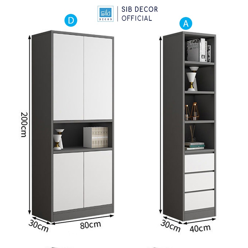 Set Tủ Sách Gỗ Nhiều Ngăn Tiện Lợi Phối Cửa Kính Trung Bày Hiện Đại Thương Hiệu SIB Decor KS603