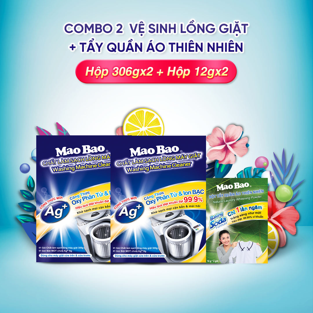 Combo 02 Hộp Bột Tẩy Vệ Sinh Lồng Máy Giặt Ag+ Mao Bao 306g - Tặng 01 hộp Bột Tẩy Quần Áo Thiên Nhiên 12g x 2 gói