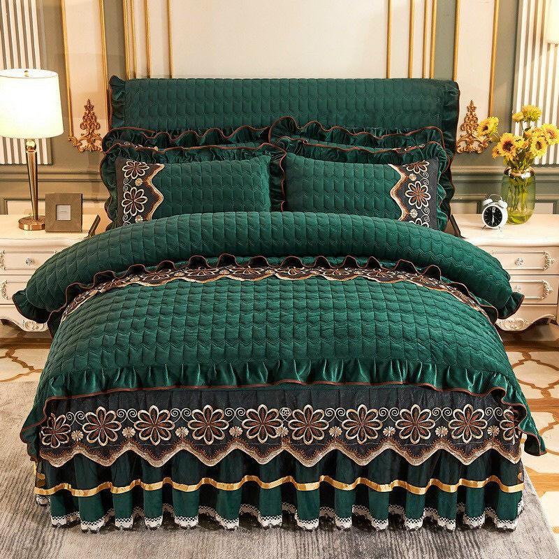 BỘ GA GỐI NỈ NHUNG TRẦN PHỦ PHỐI REN DÀY ĐẸP