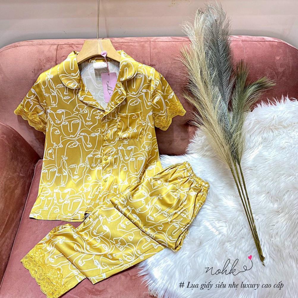 Bộ ngủ Pijama lụa họa tiết mặt người cộc tay cao cấp NOHK