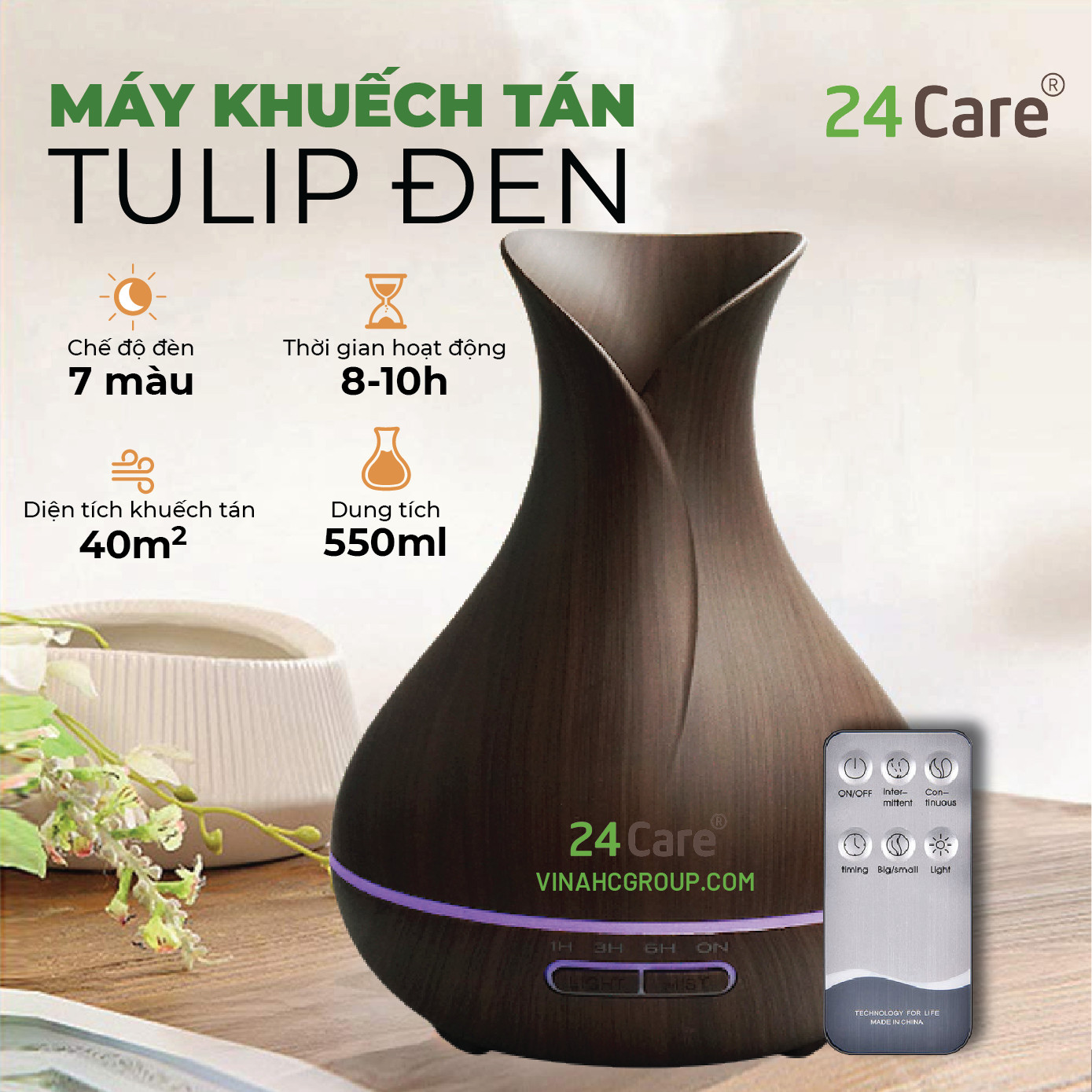 Máy khuếch tán Tinh Dầu 24Care Tulip màu Đen Ultrasonic 500ml, Tặng 3 Chai Tinh dầu Sả Chanh + Bạc Hà + Quế 24Care 10ml | Xông Phòng | Kèm Remote Điều Khiển | Công nghệ siêu âm tiên tiến