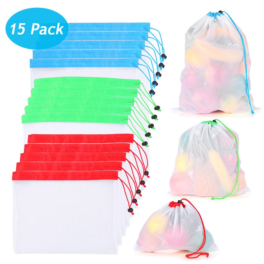 15 cái túi lưu trữ đồ dùng bằng lưới chất lượng cao với 3 kích thước Dễ dàng đóng mở với dây rút