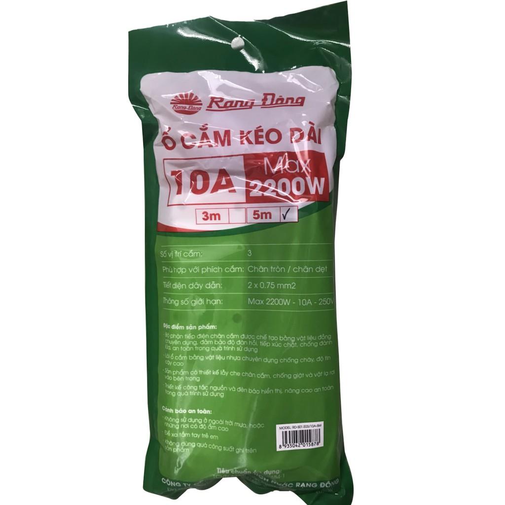 Ổ cắm kéo dài 2200W - 10A ~250V Rạng Đông, 3 ổ, dây 5m
