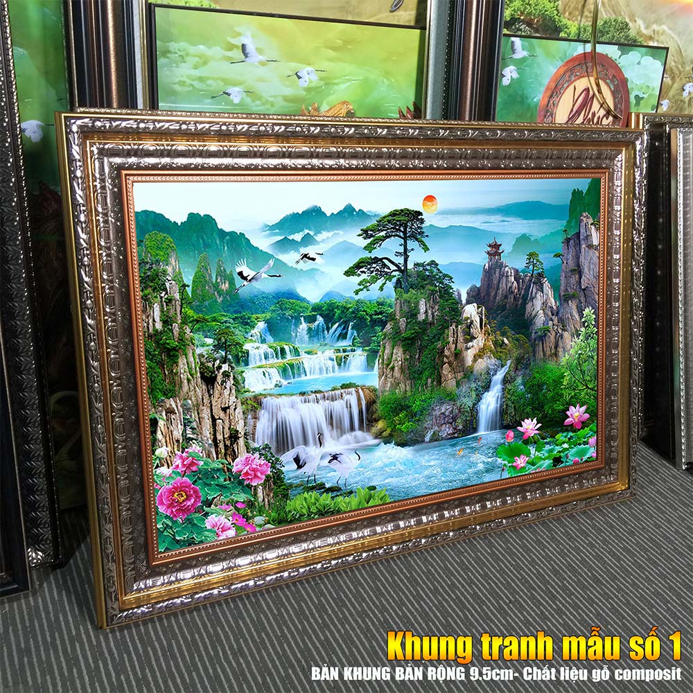 Tranh treo tường phòng khách, phòng ngủ SƠN THỦY HỮU TÌNH khung gỗ composit chất liệu pvc gương / lụa kim sa. MS:2283L9