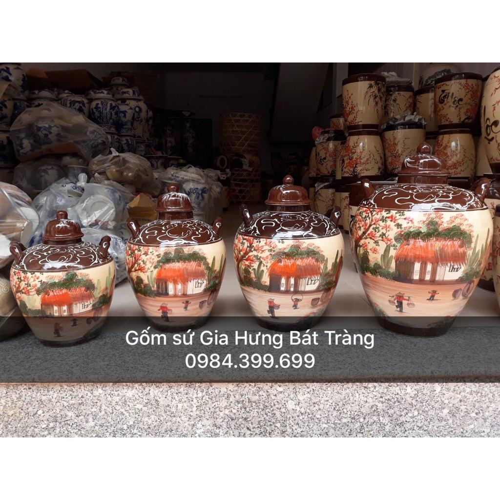 Hũ đựng ruou vẽ cảnh đồng quê gốm sứ Gia Hưng Bát tràng