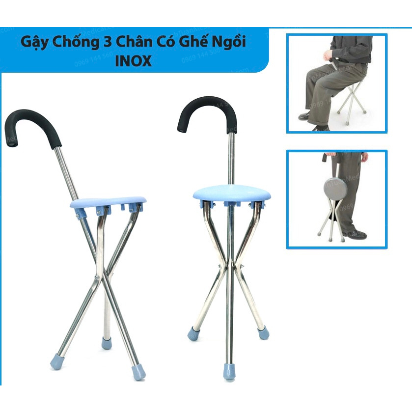 Gậy chống trượt có ghế ngồi cho người già