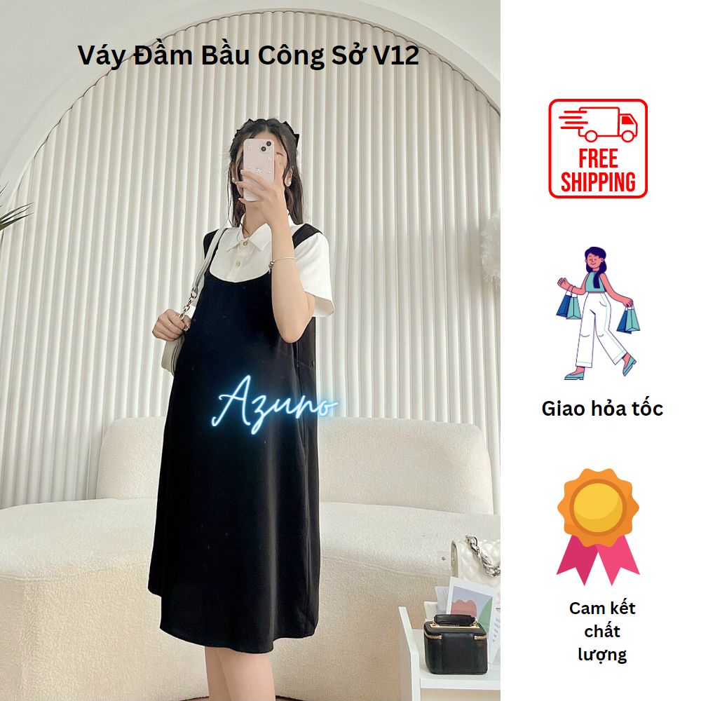 HÀNG THIẾT KẾ - Váy Đầm Bầu Công Sở Azuno A12 Chất Liệu Chéo Nhật Phối Thô Ngắn Tay