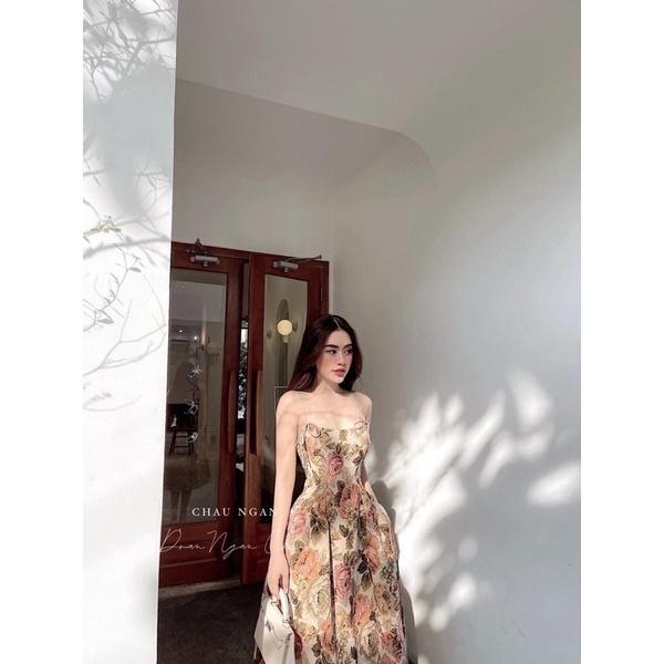 Đầm gấm bố hoa 2 dây phối nơ kèm mút ngực