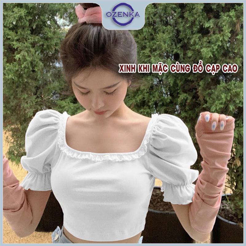 Áo croptop nữ tay bổng cổ vuông ôm phối bèo tay ngắn, crt kiểu Hàn Quốc mặc hè 2022 màu đen trắng dưới 50 kg