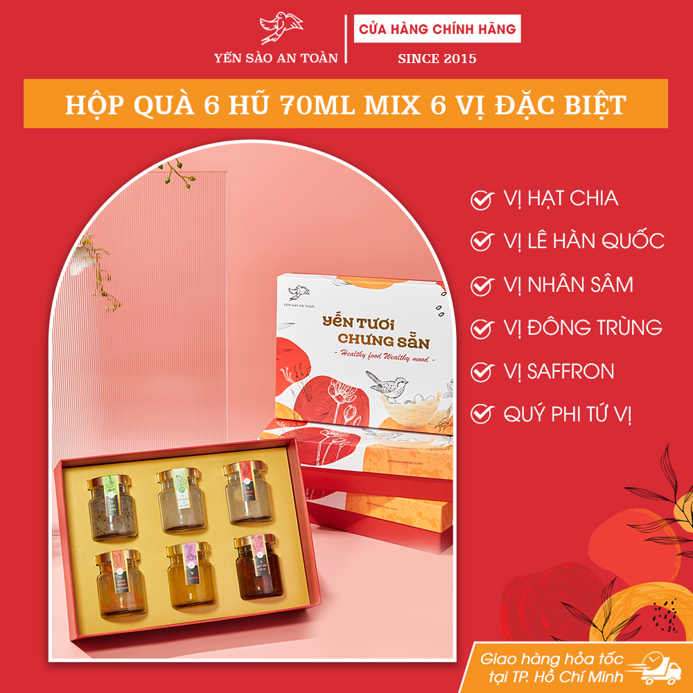 Yến chưng sẵn đầy đủ 6 vị phổ thông đậm đặc từ tổ yến tươi Khánh Hòa Yến Sào An Toàn Hộp quà 6 hũ 70ml