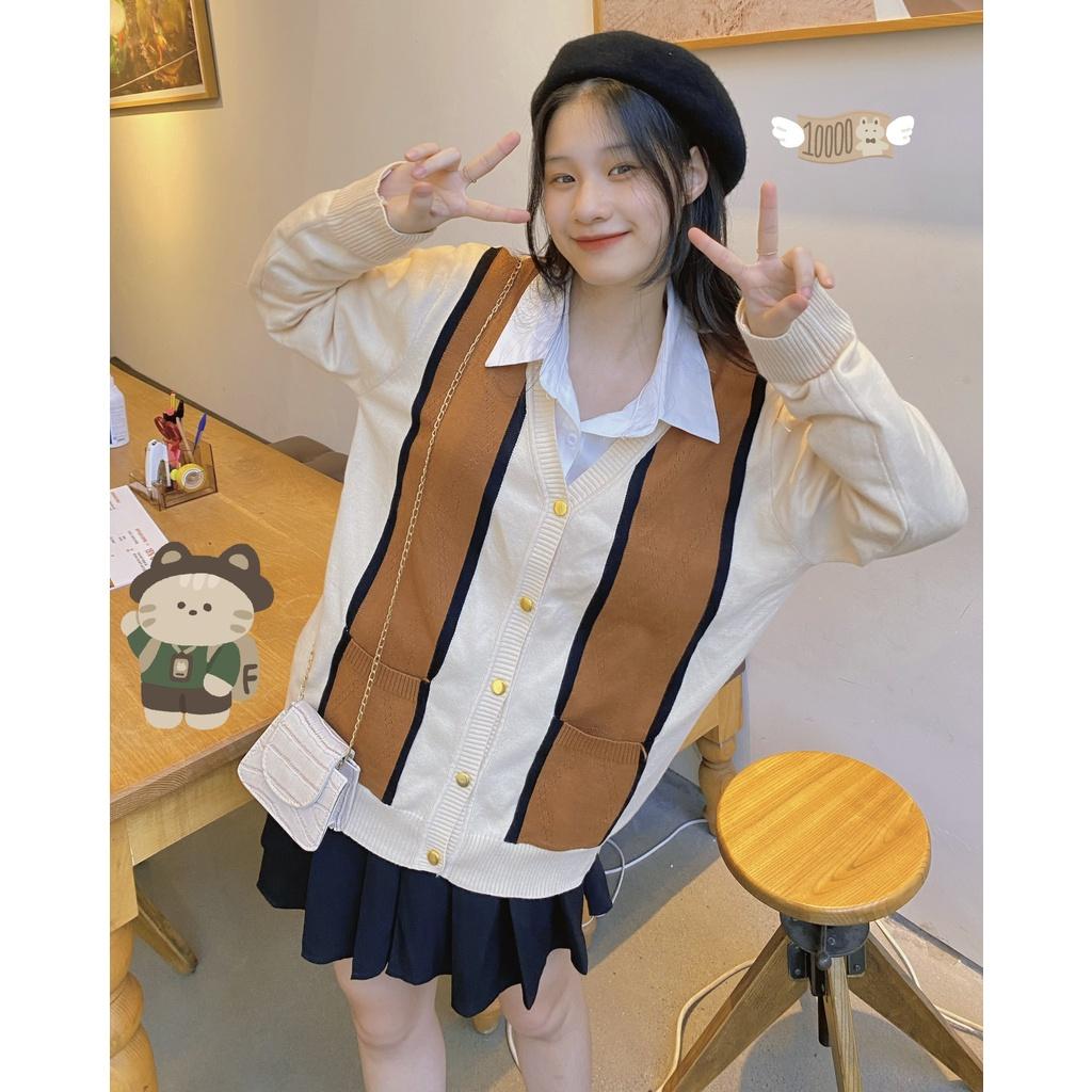 Áo khoác Cardigan len kẻ sọc nâu be form rộng ulzzang - Made by Fiin