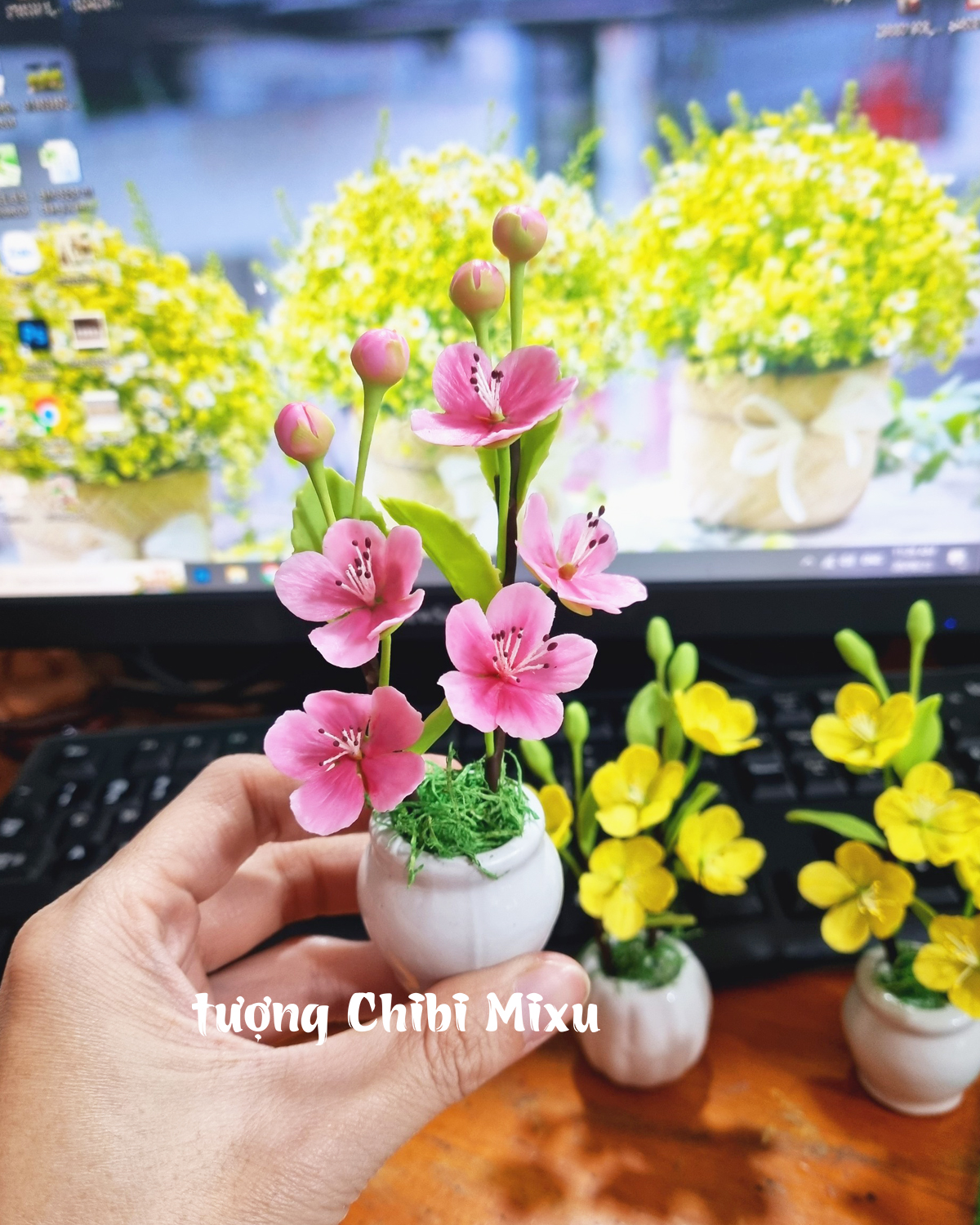 Chậu hoa mai - hoa đào bằng đất sét Nhật cao cấp