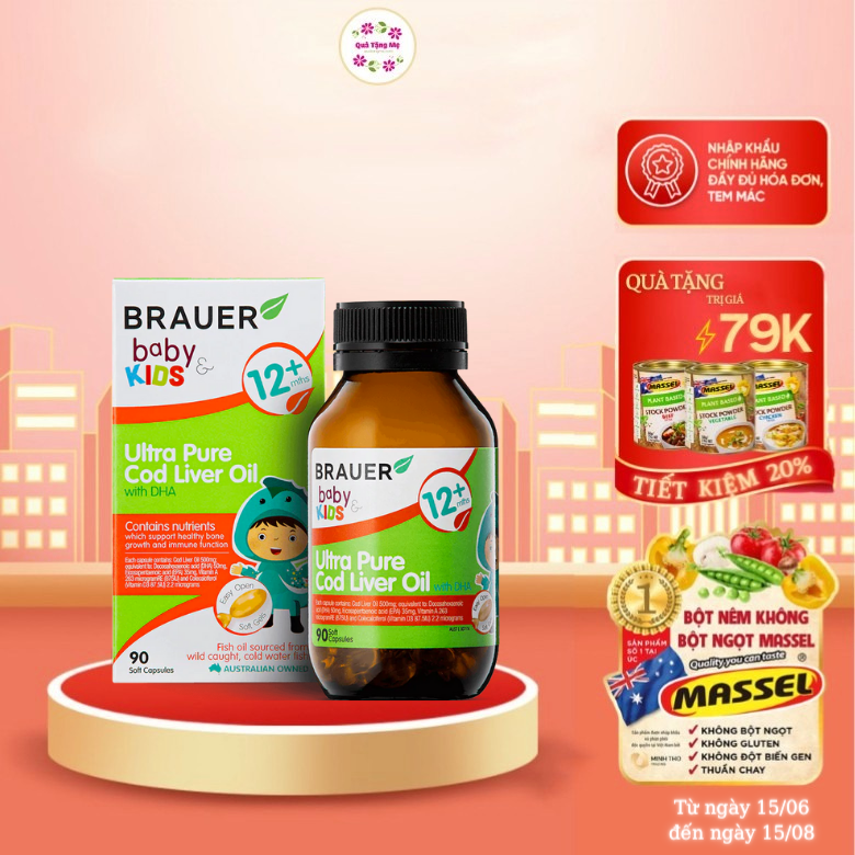 Viên mềm Dầu gan cá Tuyết tinh khiết và DHA Brauer Baby & Kids Ultra Pure Cod Liver Oil with DHA cho bé trên 1 tuổi - Nhập khẩu Australia