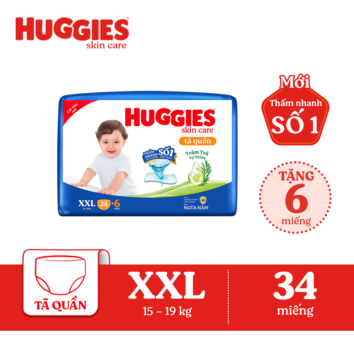 Tã/bỉm quần Huggies Skin Care Jumbo XXL28+6 miếng với tràm trà dịu da