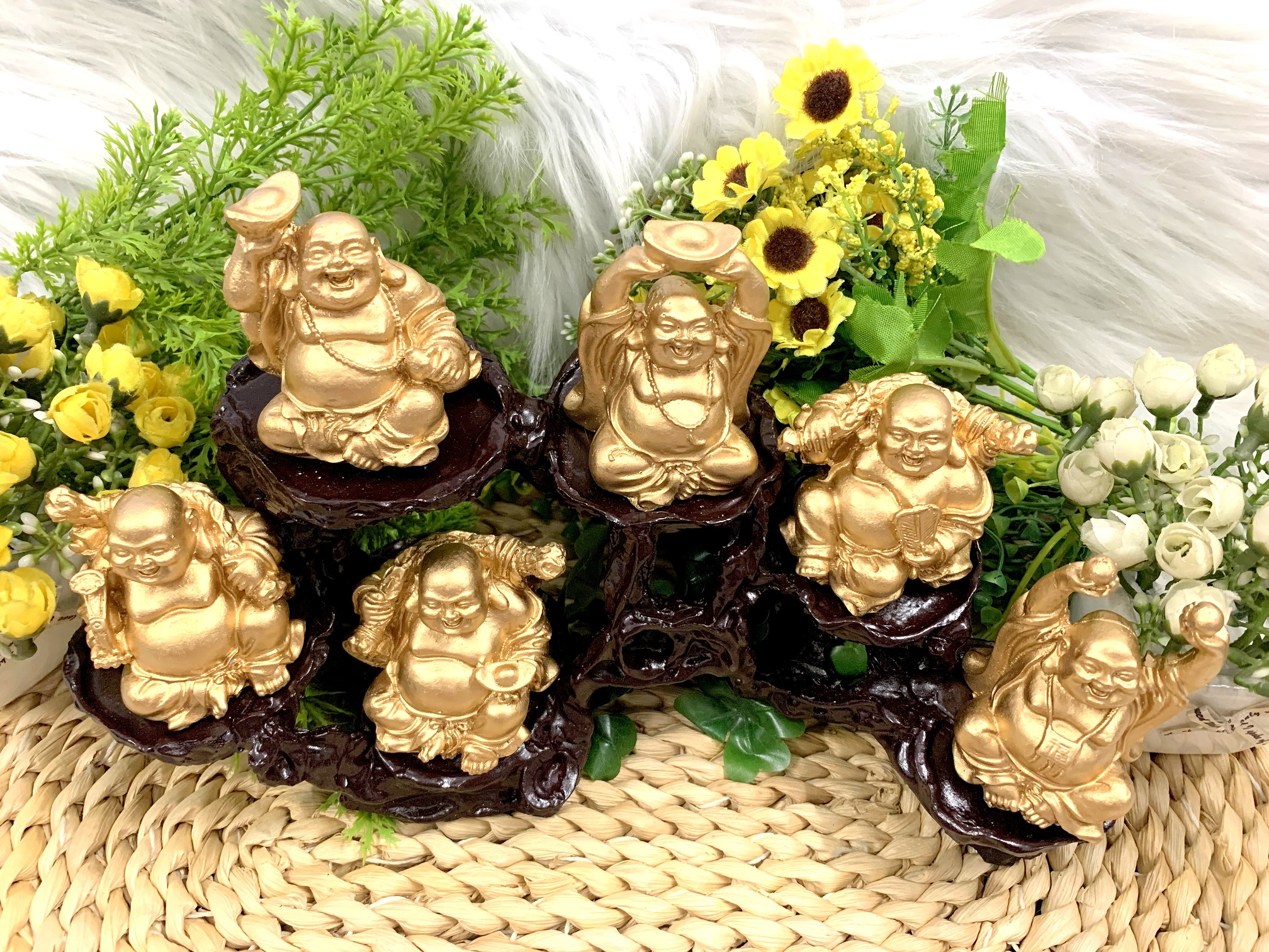 Bộ 6 Tượng Bồ Tát Di Lặc Hoan Hỉ kèm đế tượng 6 chân An Nhiên