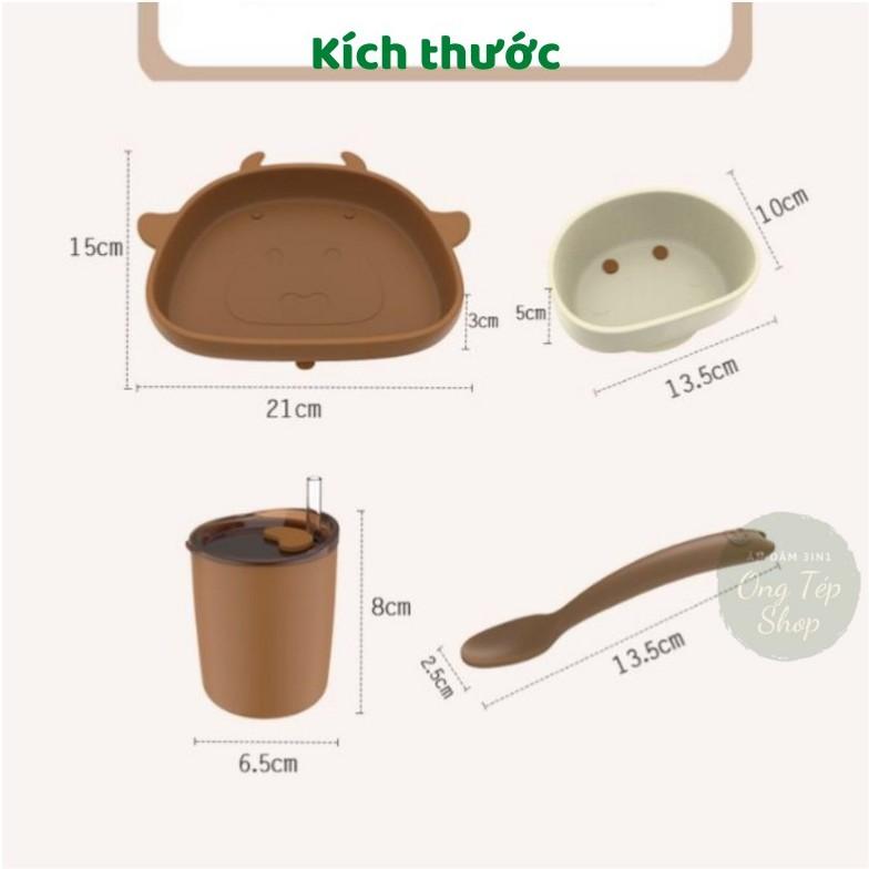 5 chi tiết - Bộ khay ăn dặm silicon đế hít chống lật gồm khay, bát, cốc silicon, thìa ăn dặm silicon hình chú bò