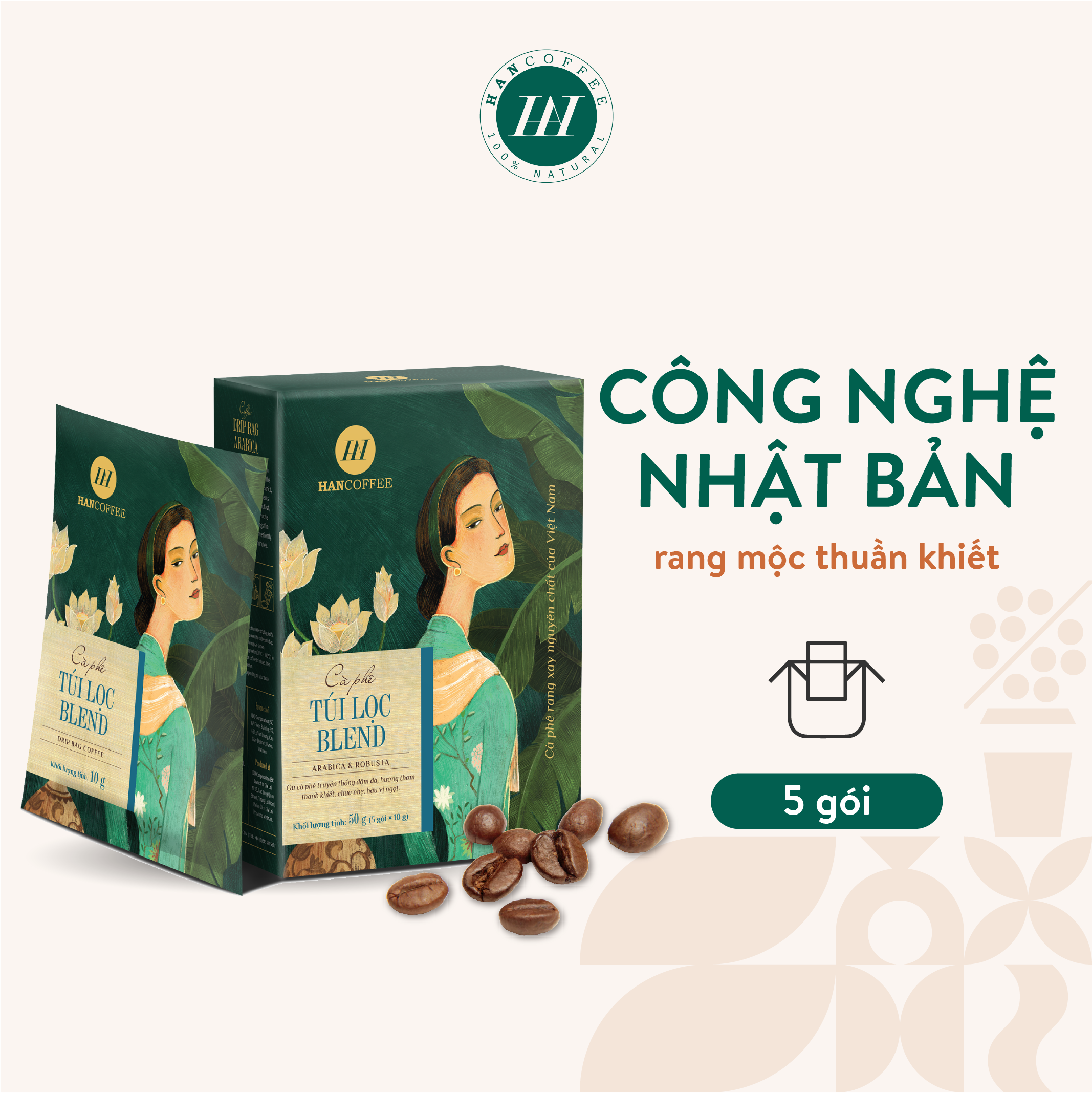 Cà Phê phin HANCOFFEE Giấy Túi Lọc Nguyên Chất Tiện Lợi Blend Đắng Nhẹ, Ngọt Sâu Hộp 5/10 gói - HND2(S